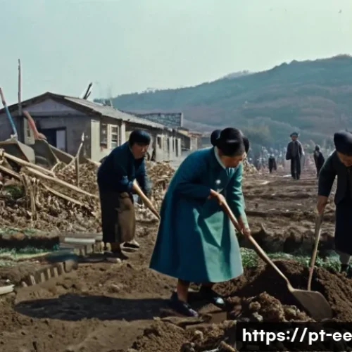 일제 근무와 한국의 산업화 과정 - **Prompt:** A vivid depiction of South Korean people in the late 1950s or early 1960s, diligently en...