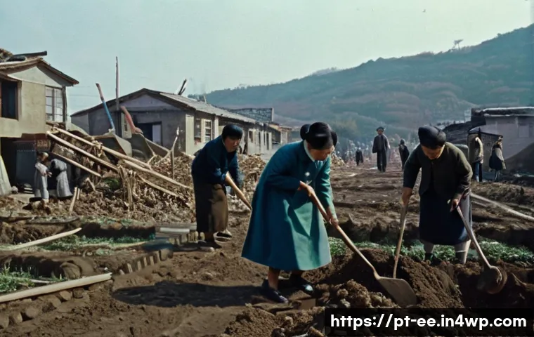 일제 근무와 한국의 산업화 과정 - **Prompt:** A vivid depiction of South Korean people in the late 1950s or early 1960s, diligently en...