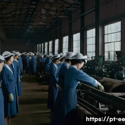 일제 강점기 한국인의 근로 조건 - A detailed scene inside a 1930s South Korean textile factory under Japanese occupation, showing exha...