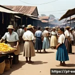 Home 20 일제 근무에 대한 개인의 기억과 역사 - A vivid street market scene in mid-20th century Brazil during a period of food rationing, showing di...