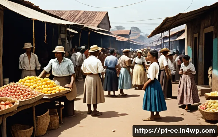 일제 근무에 대한 개인의 기억과 역사 - A vivid street market scene in mid-20th century Brazil during a period of food rationing, showing di...