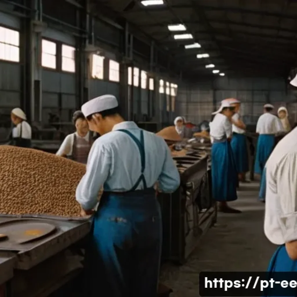일제하 근무 경험담 사례 분석 - A detailed scene inside a 1940s Brazilian factory during Japanese occupation, showing exhausted work...
