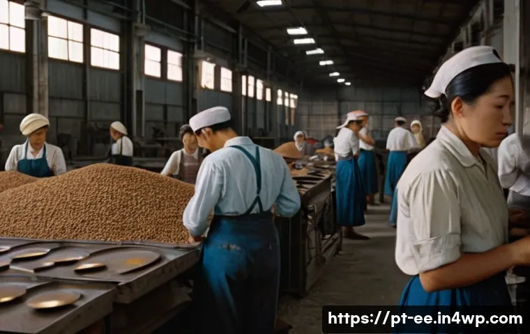일제하 근무 경험담 사례 분석 - A detailed scene inside a 1940s Brazilian factory during Japanese occupation, showing exhausted work...