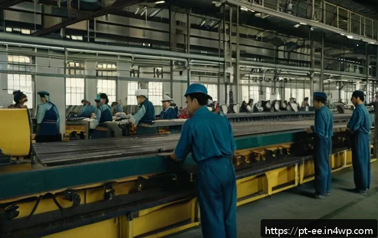 일제하 노동자의 고용과 해고 - A detailed scene depicting Brazilian factory workers during the Japanese occupation era, dressed in ...