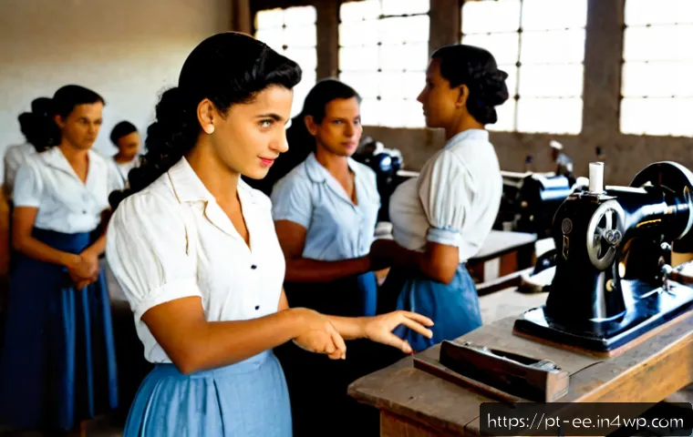 Home 17 일제 강점기 근로자 권리 보호의 역사 - Photorealistic historical scene in 1940s Brazil, diverse textile factory workers in modest period cl...